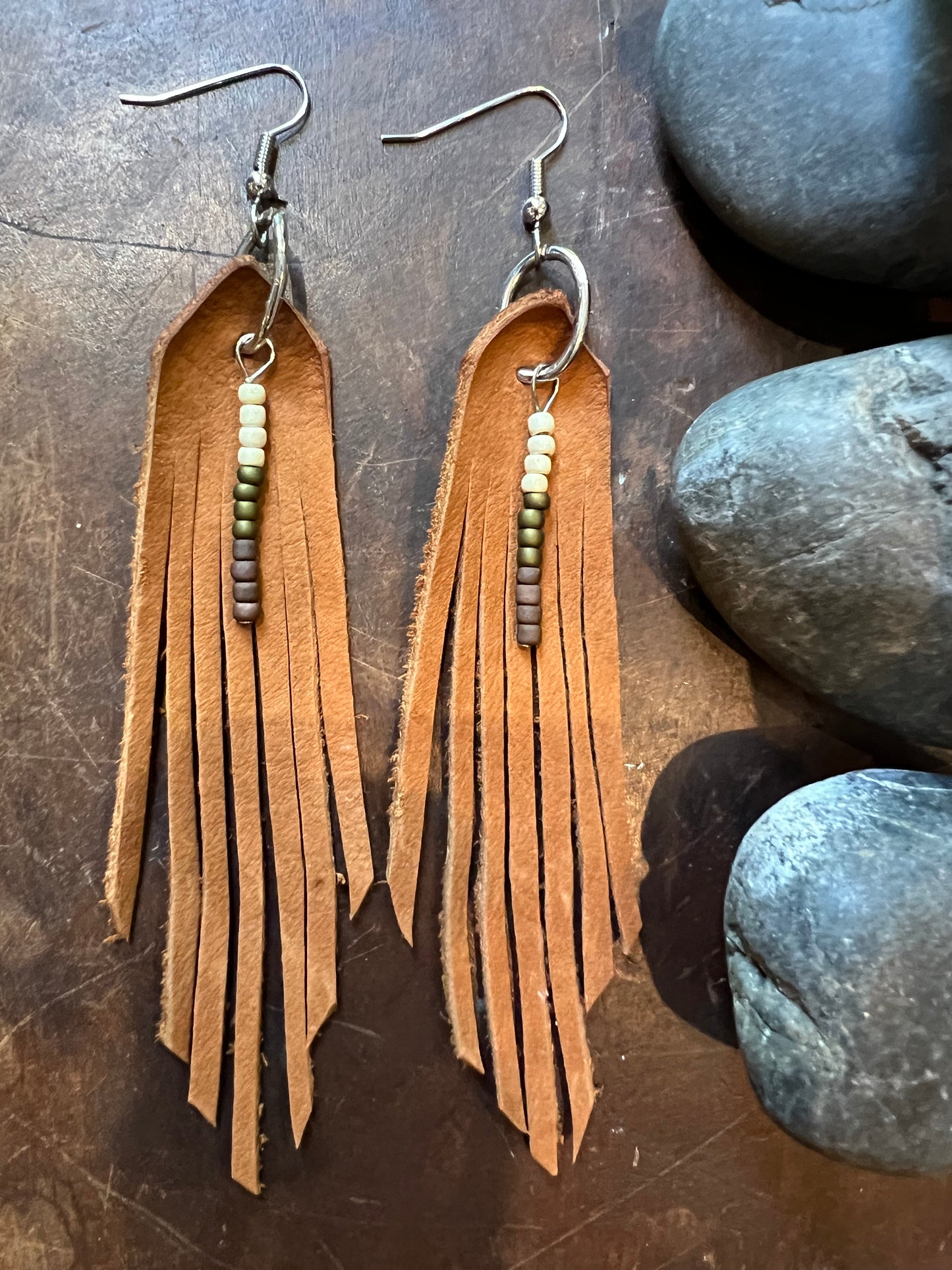 Beaded Leather Fringe Earrings