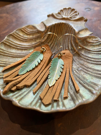 Feather Charm Leather Fringe Earrings