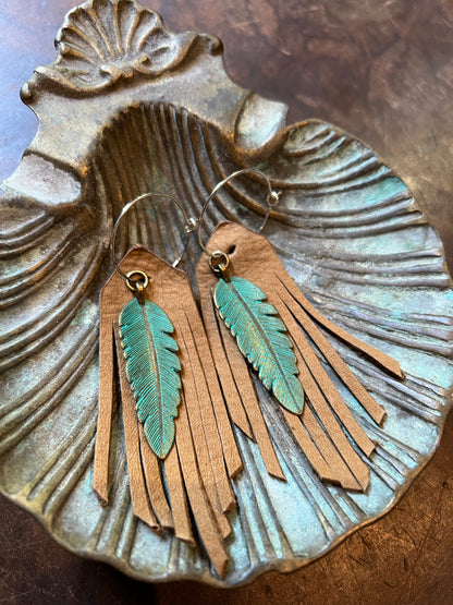 Feather Charm Leather Fringe Earrings