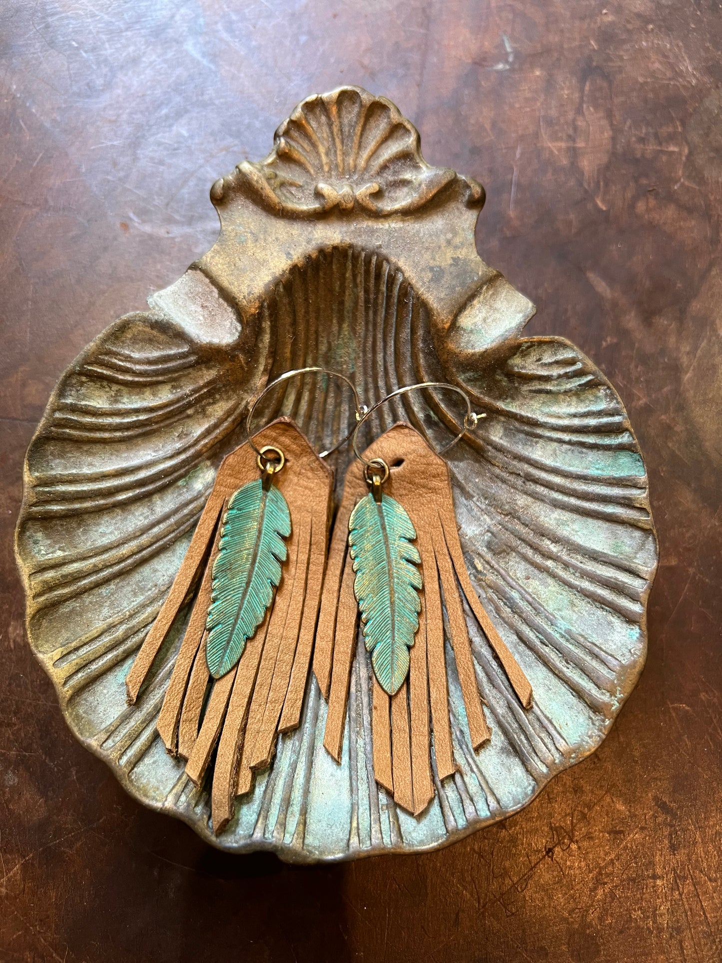 Feather Charm Leather Fringe Earrings