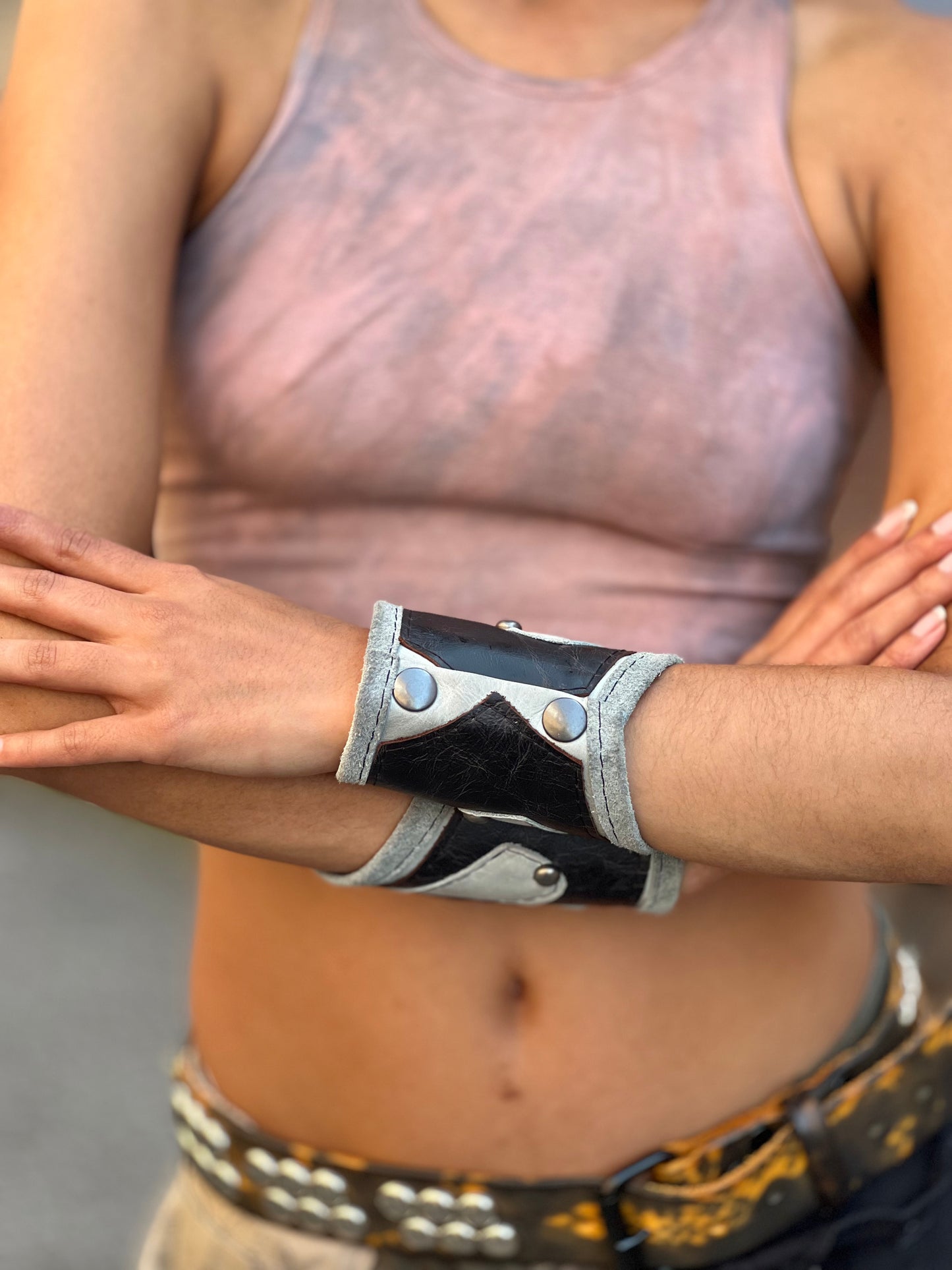 Charcoal and Blue steel Leather Wrist Cuffs (Pair)