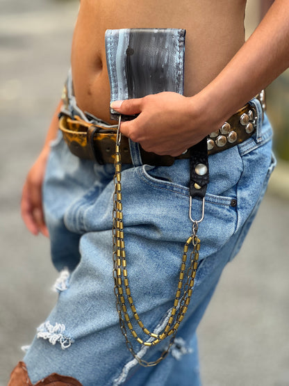 Painted Gray Leather Wallet and Chain