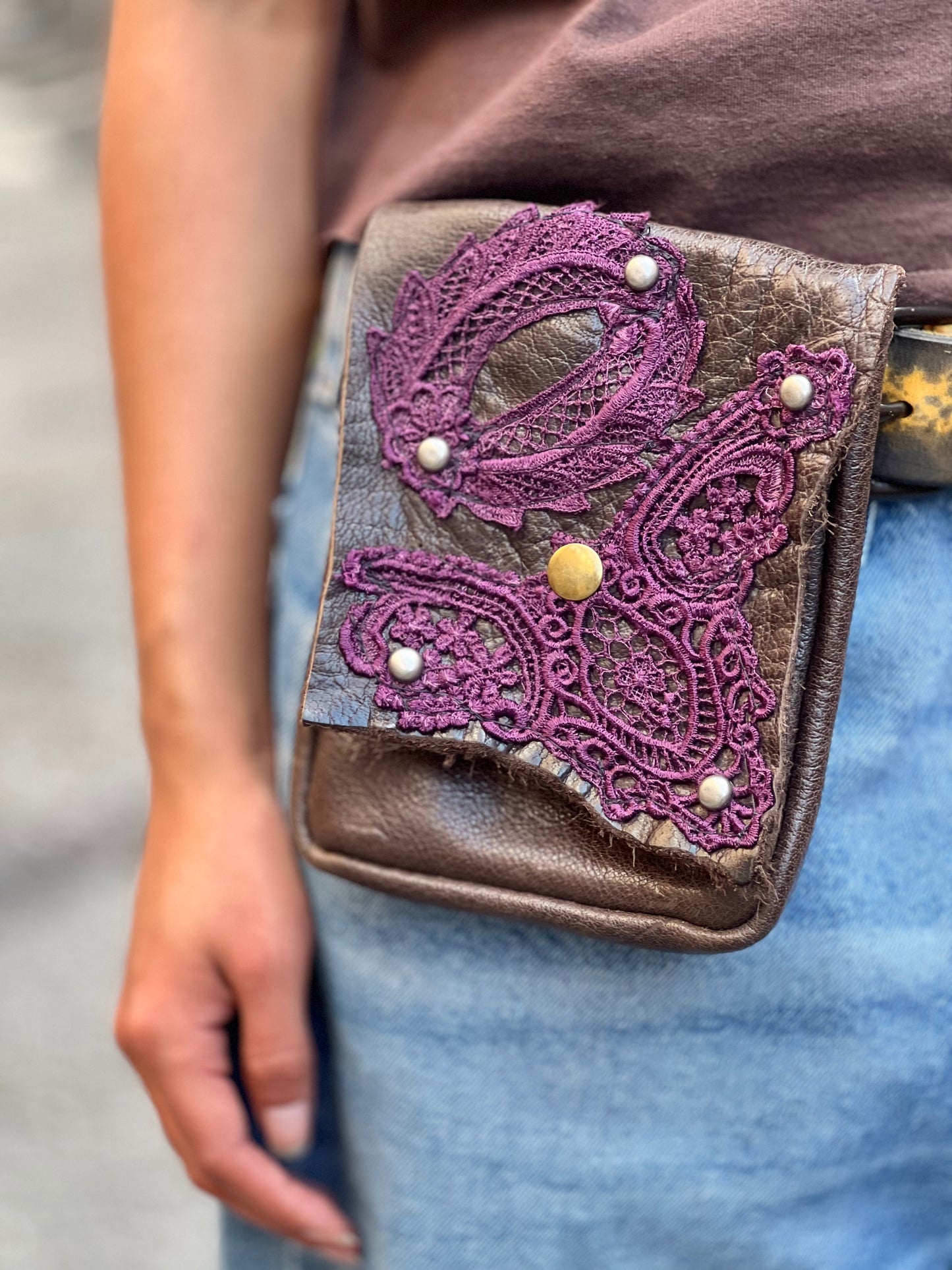 Magenta Laced Leather Belt Pouch