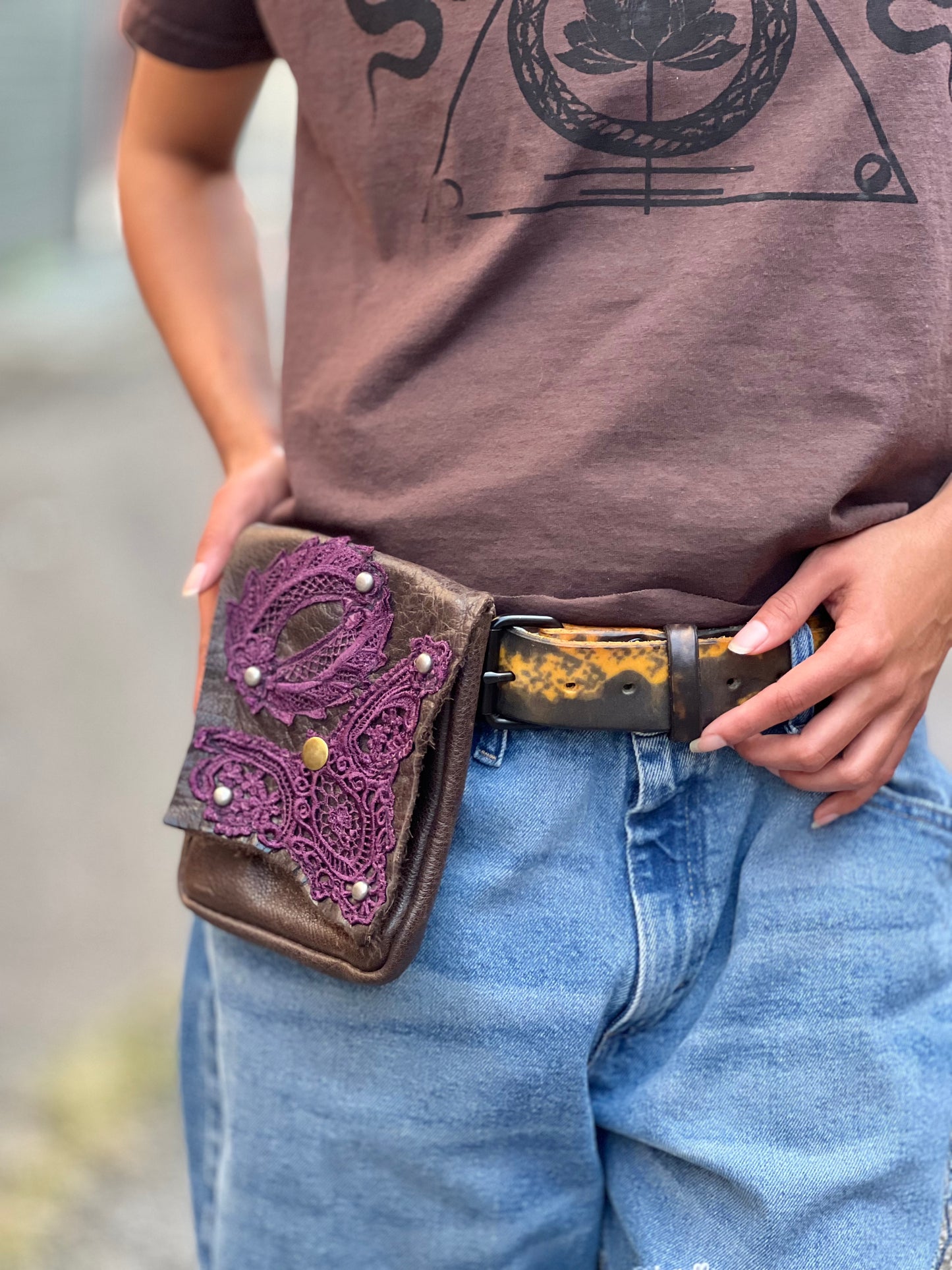 Magenta Laced Leather Belt Pouch