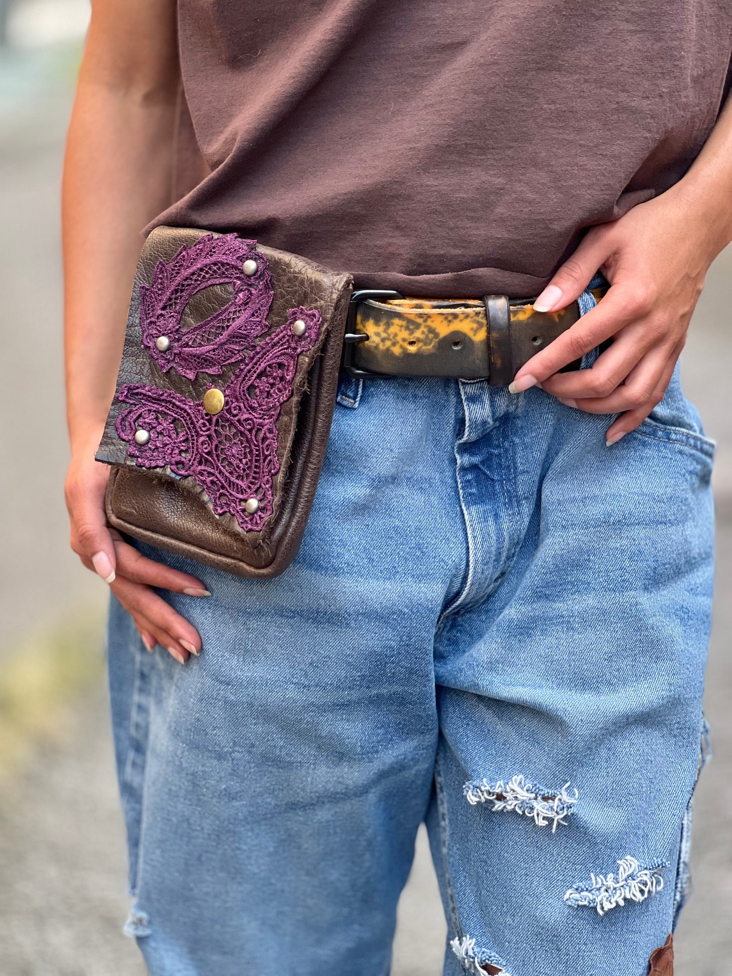 Magenta Laced Leather Belt Pouch