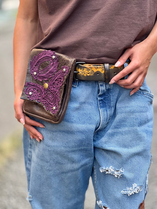 Magenta Laced Leather Belt Pouch