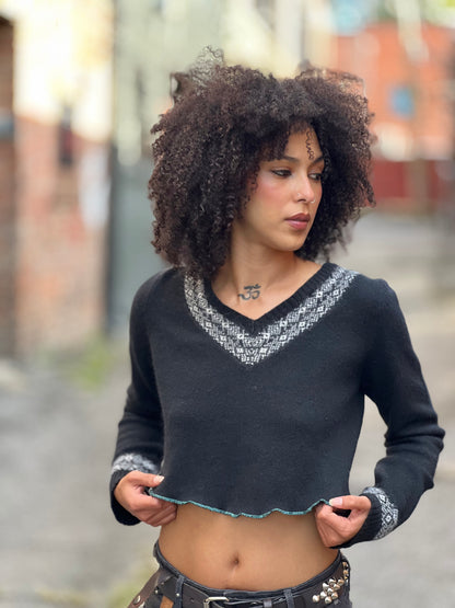 Black Wool Nordic Cropped Sweater