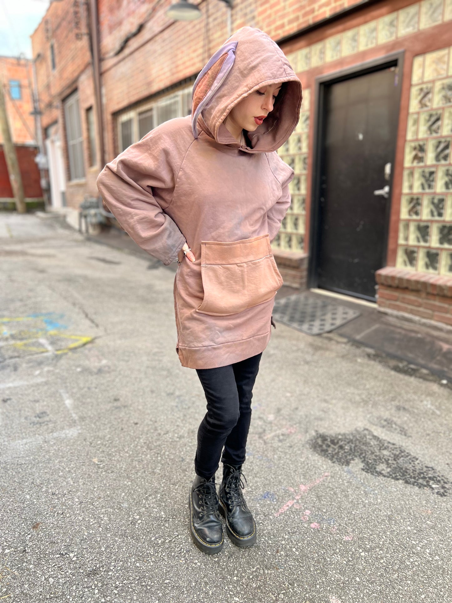 Mauve Bunny Ear Hooded Tunic Dress