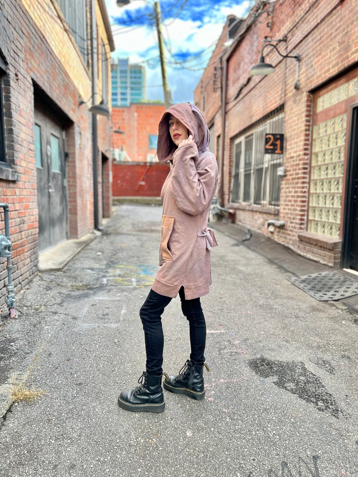 Mauve Bunny Ear Hooded Tunic Dress