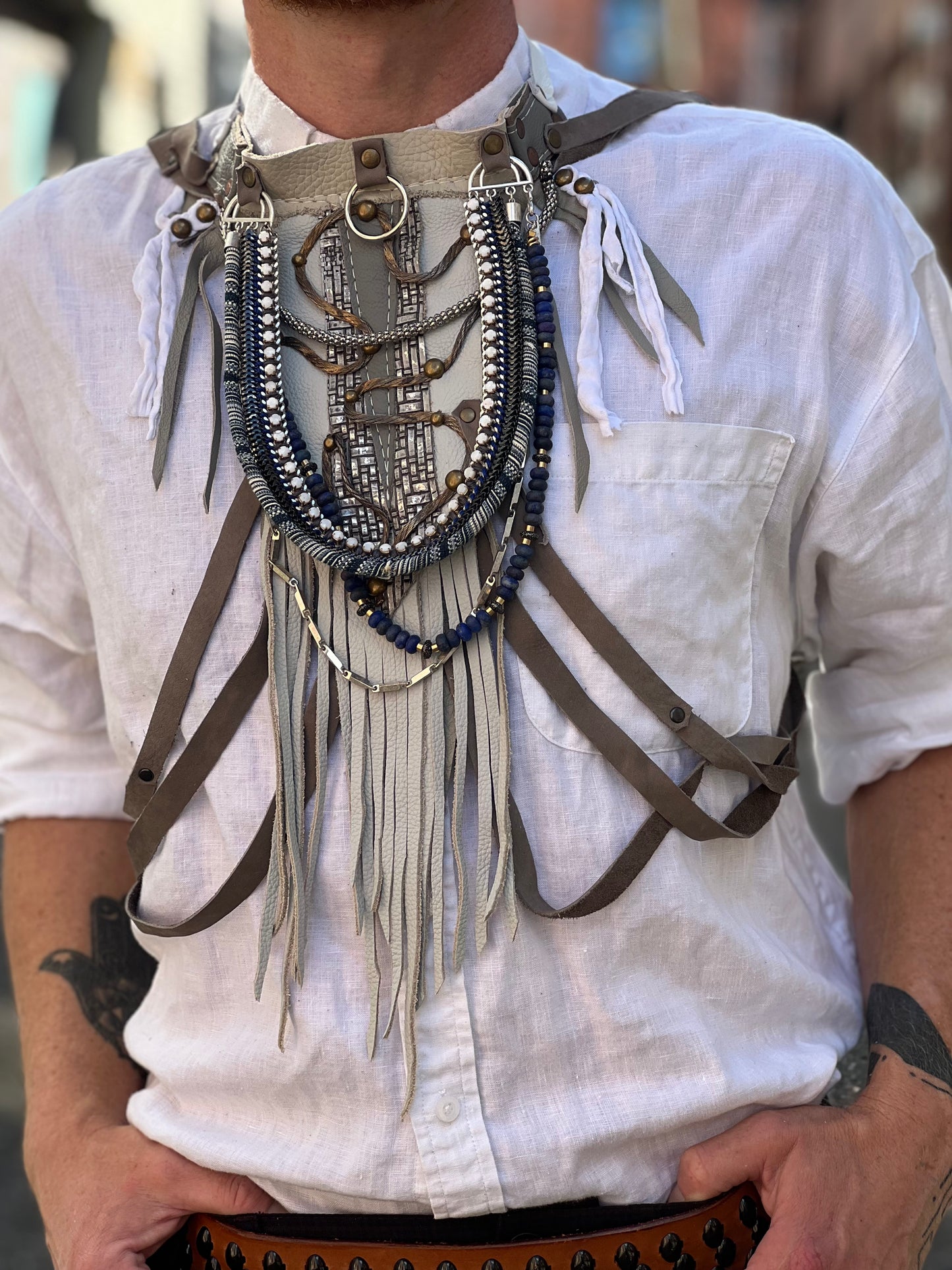 Ivory and Grey Fringe Neck Harness