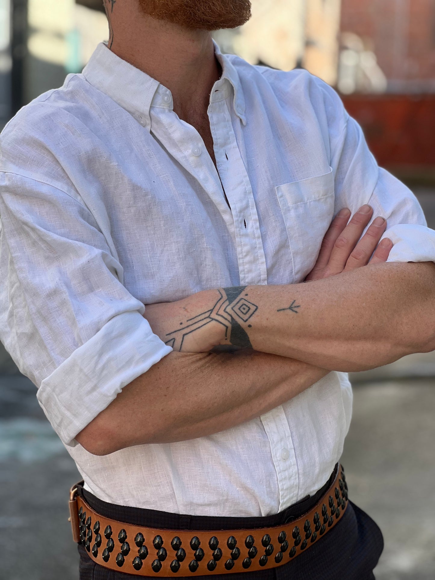 White Linen Seahorse Button Down