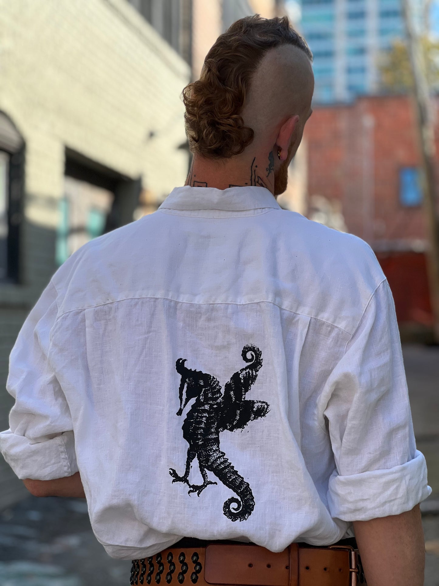 White Linen Seahorse Button Down