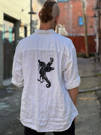White Linen Seahorse Button Down