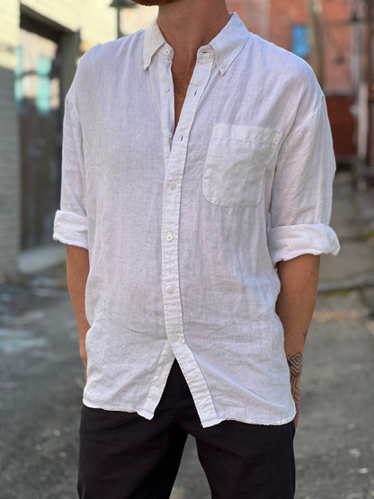 White Linen Seahorse Button Down