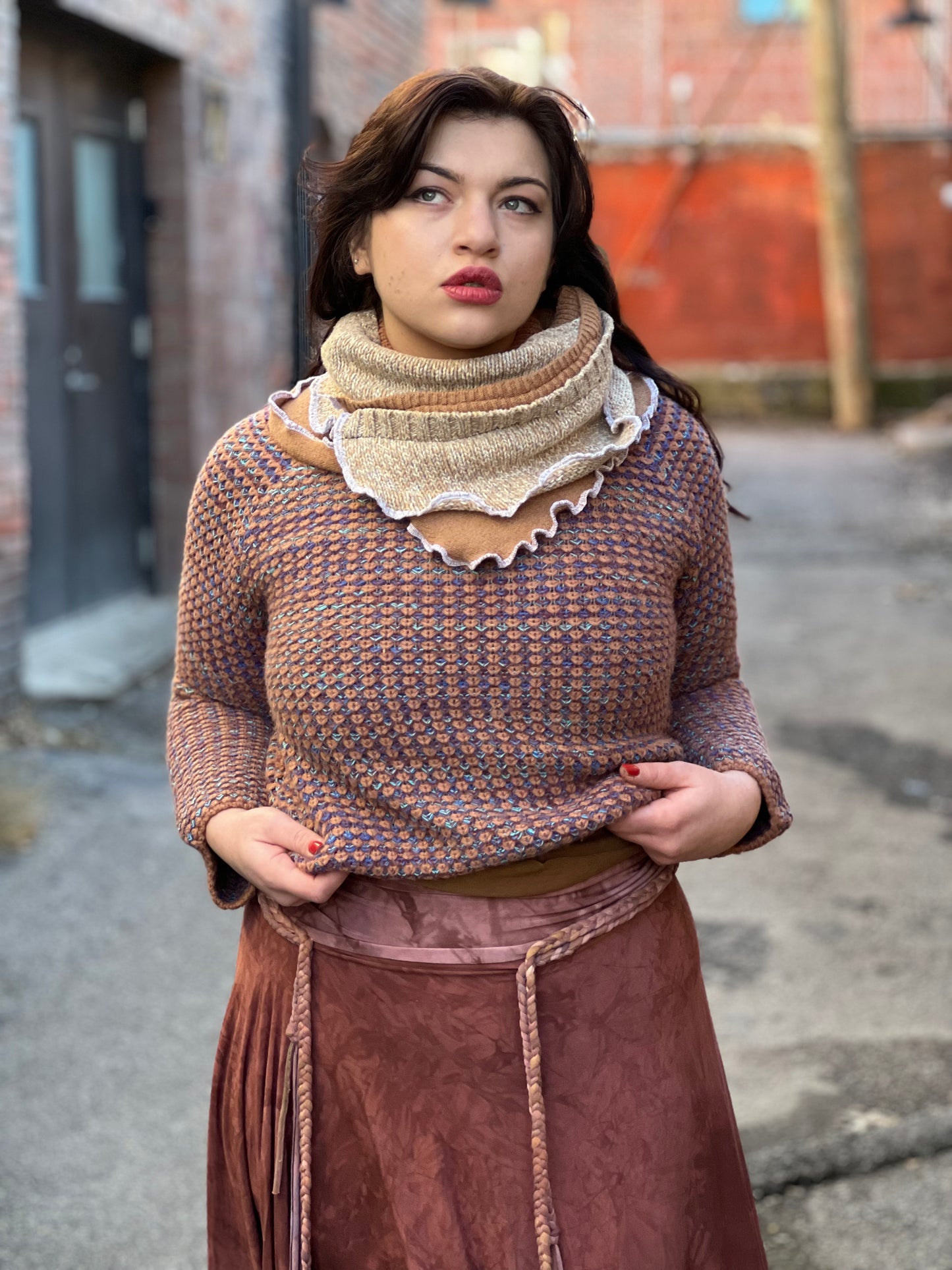 Mixed Knitted Cowl Sweater