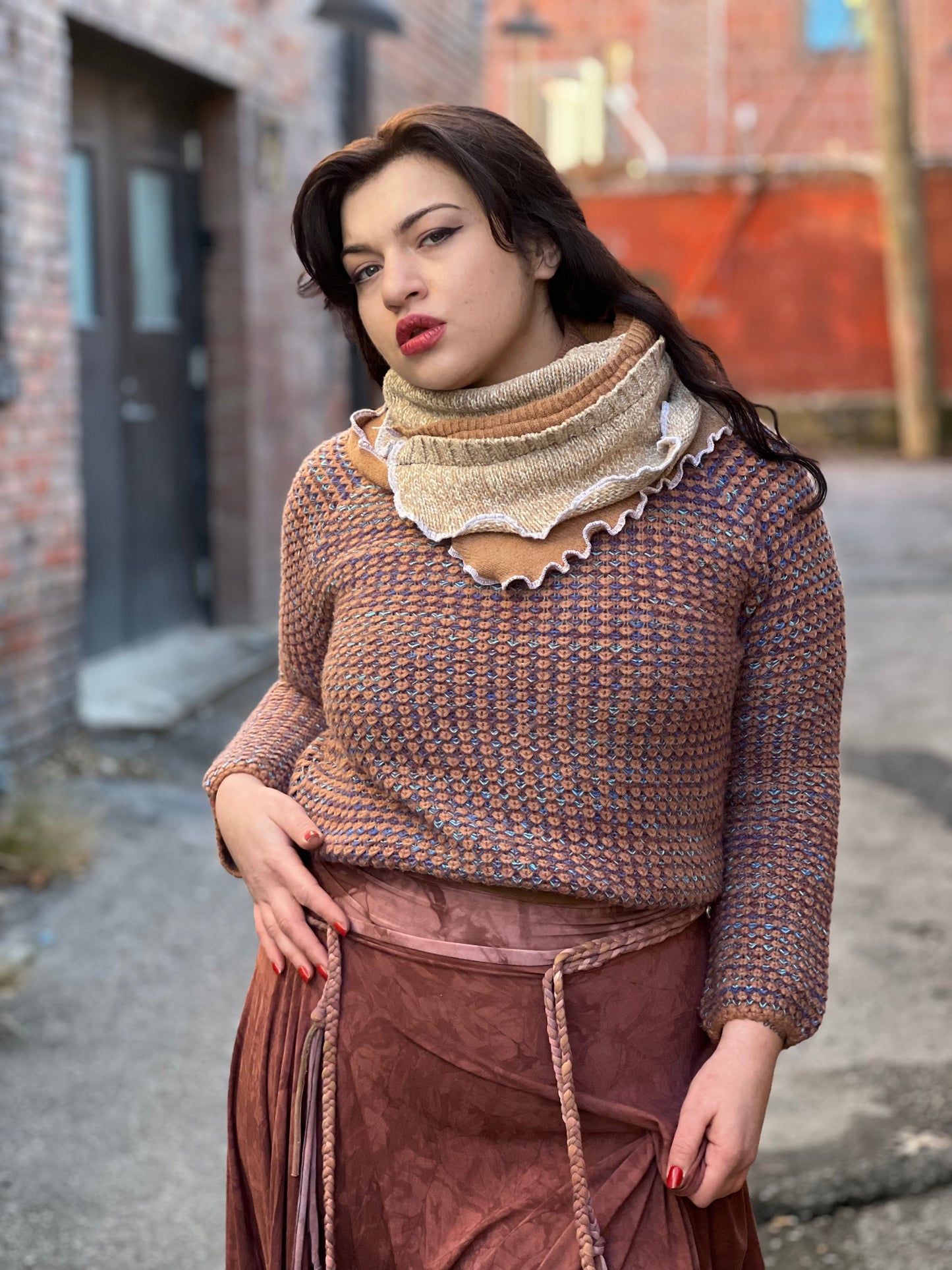 Mixed Knitted Cowl Sweater