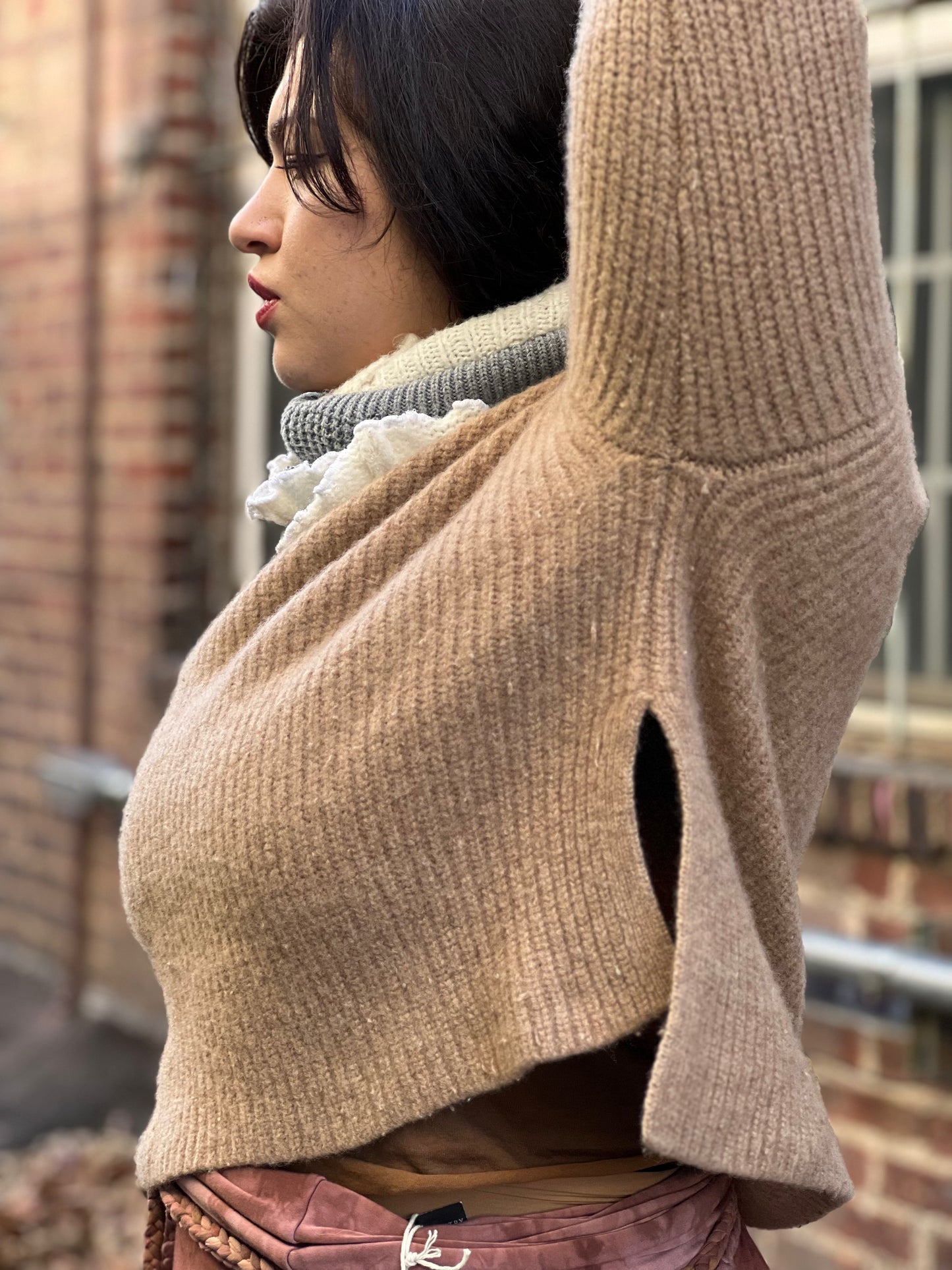 Tan 100% Merino Wool Cowl Neck Sweater