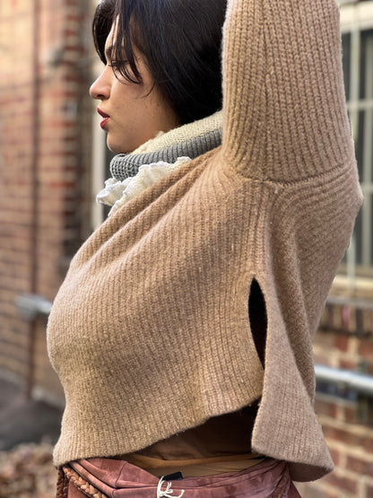 Tan 100% Merino Wool Cowl Neck Sweater