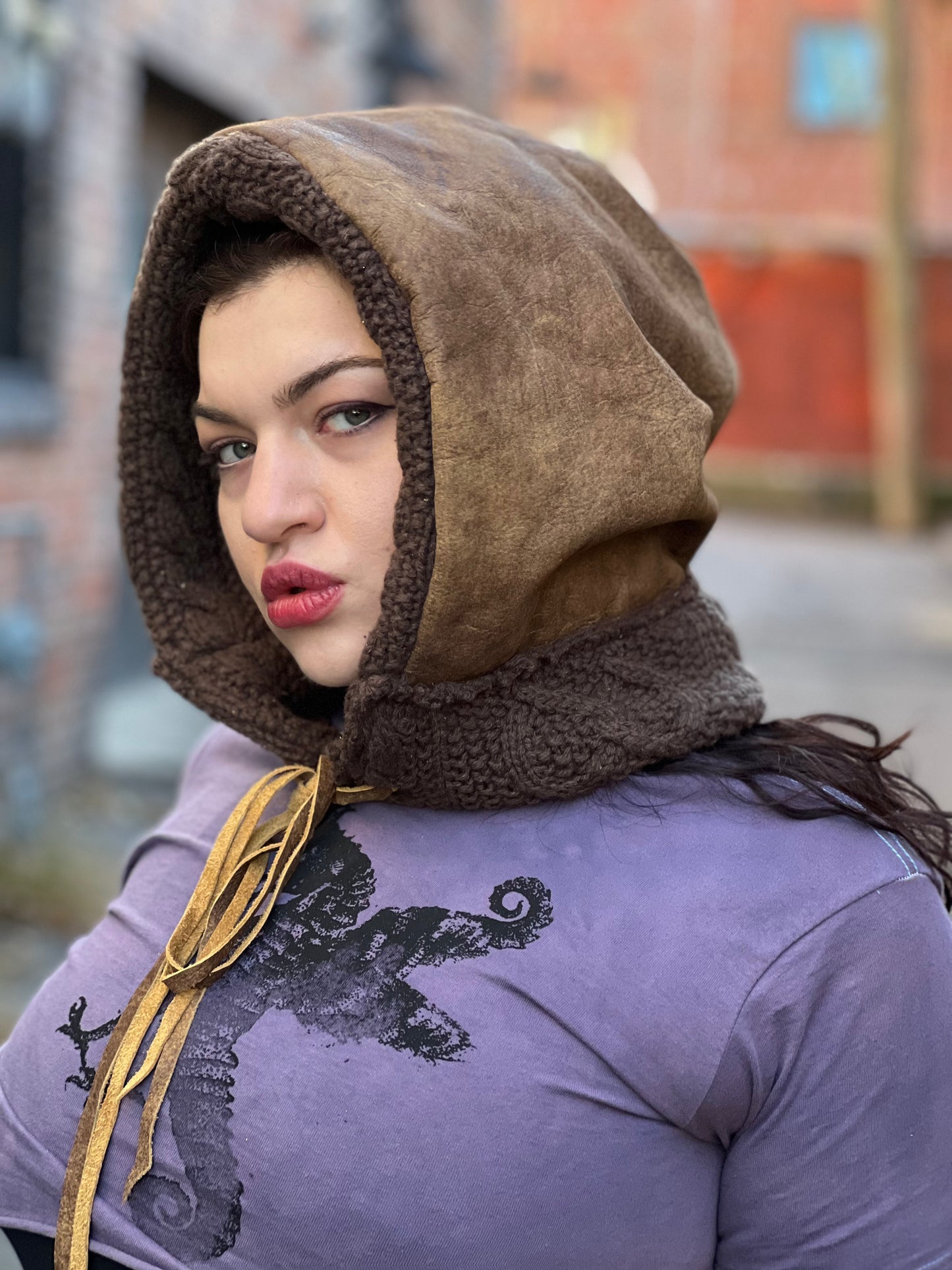 Mushroom Faerie Leather & Wool Knit Hood