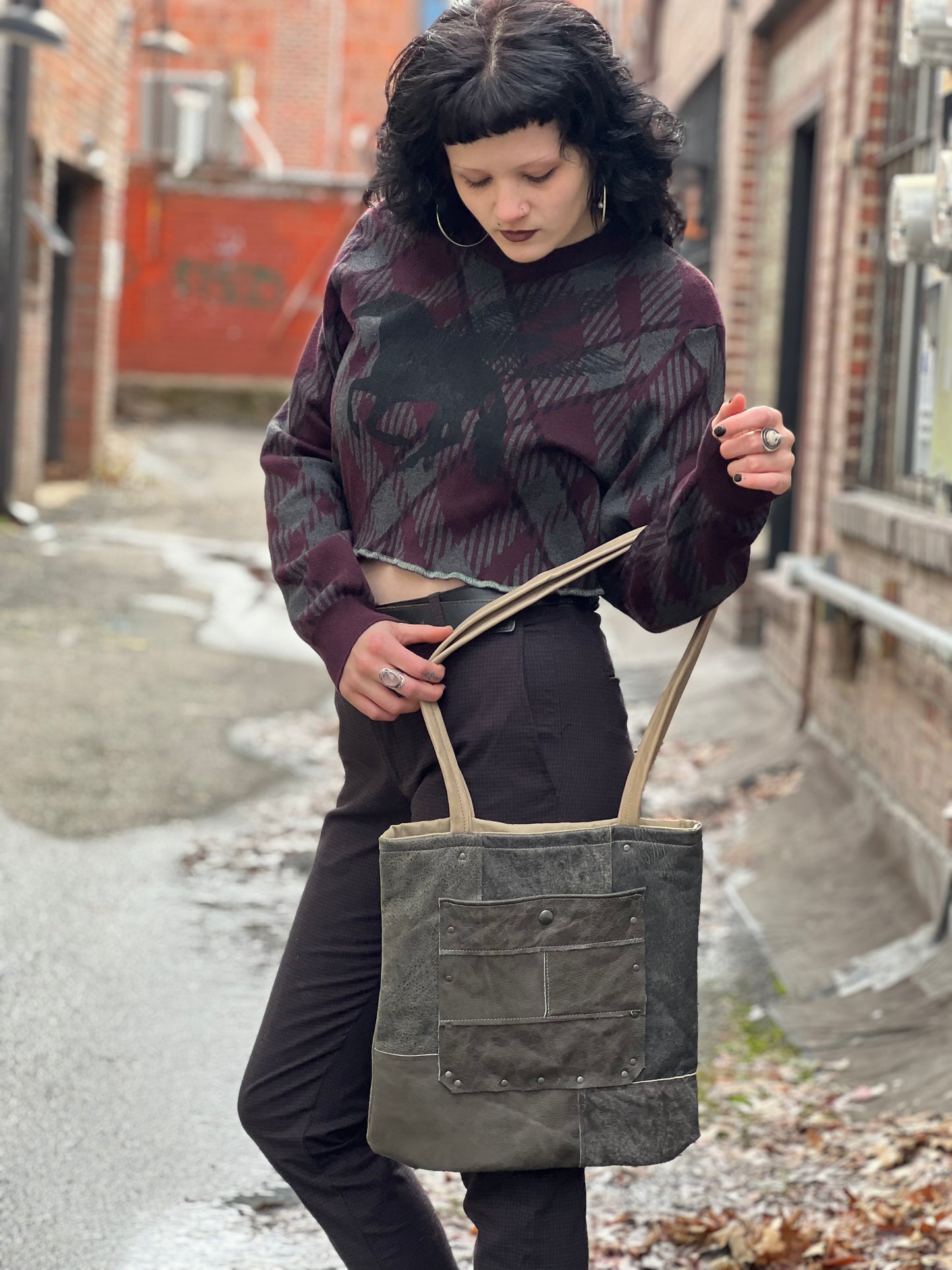 Grey Leather Patch Mini Tote