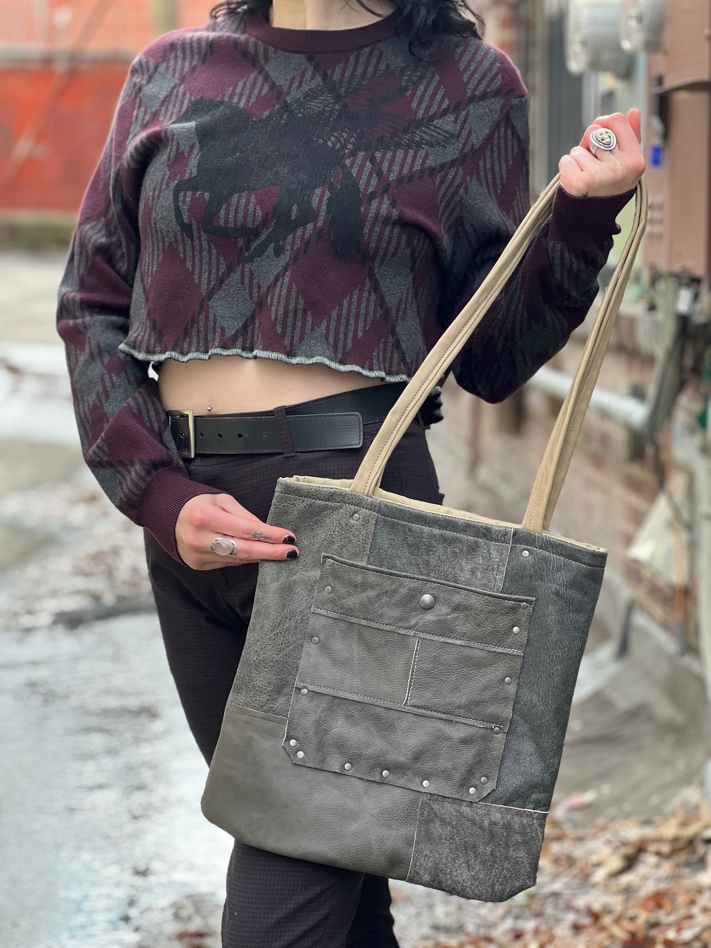 Grey Leather Patch Mini Tote