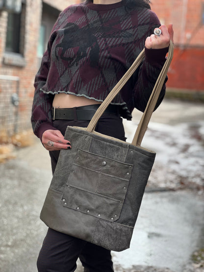 Grey Leather Patch Mini Tote
