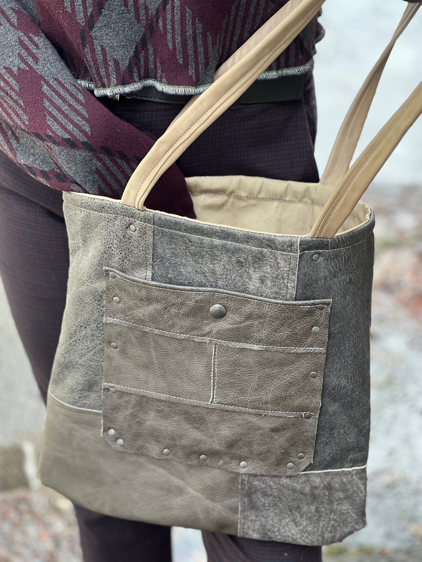 Grey Leather Patch Mini Tote