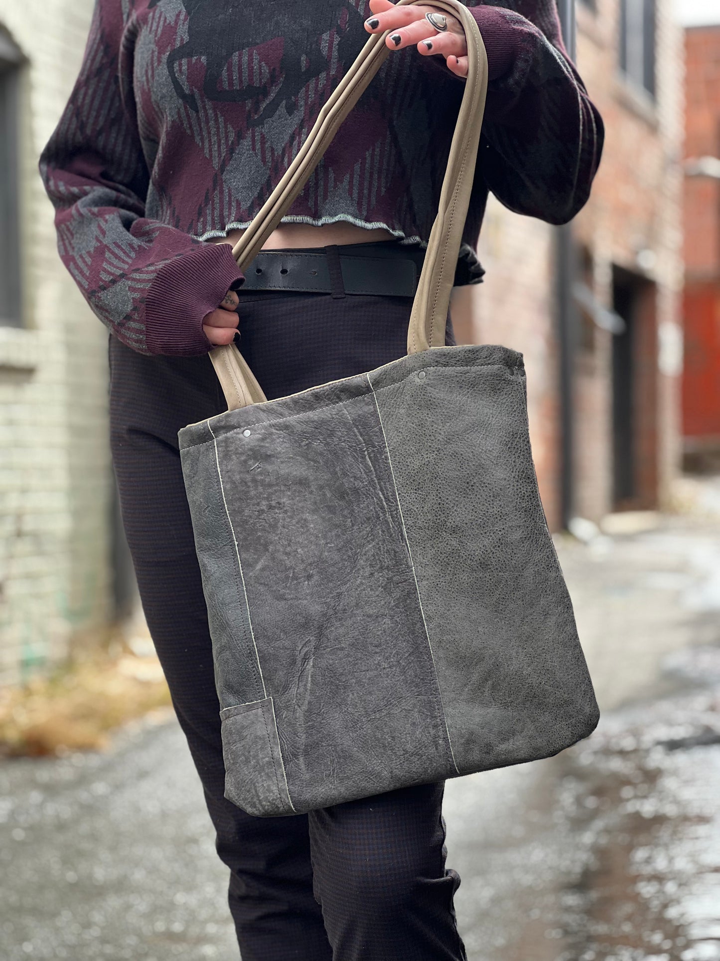 Grey Leather Patch Mini Tote
