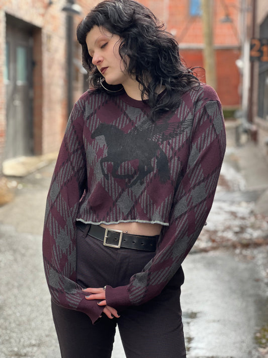 Burgundy Argyle Pegasus Crop Sweater