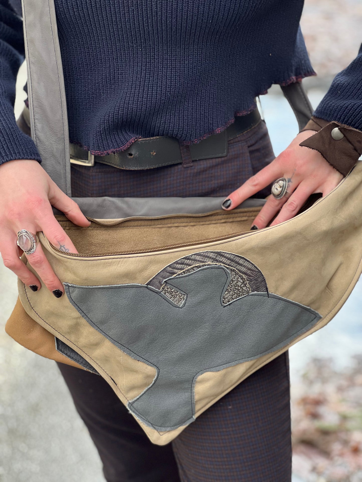 Grey Bird Leather Multi Pocket Bag