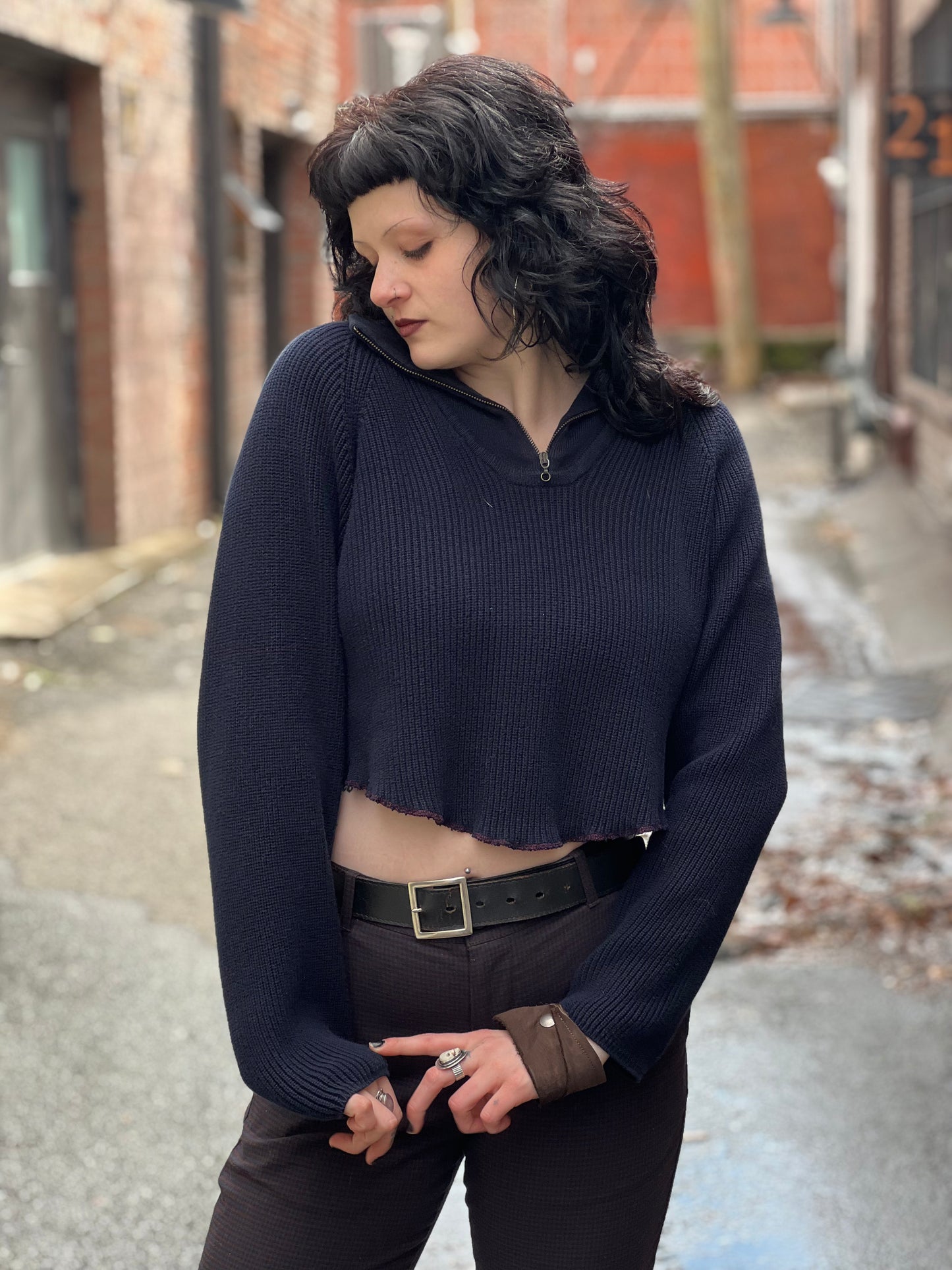 Dark Navy Zip Neck Crop Sweater