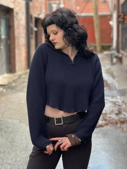 Dark Navy Zip Neck Crop Sweater