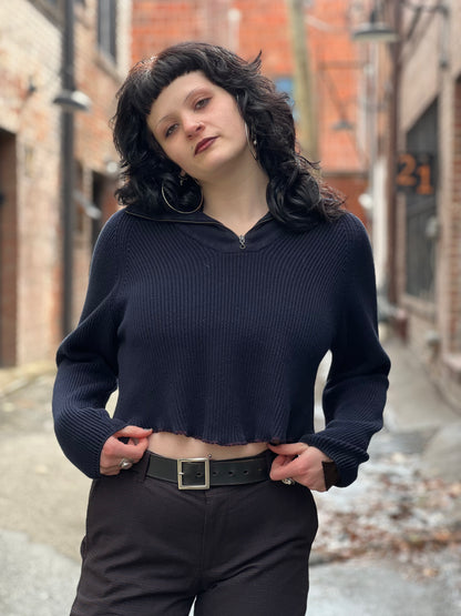 Dark Navy Zip Neck Crop Sweater
