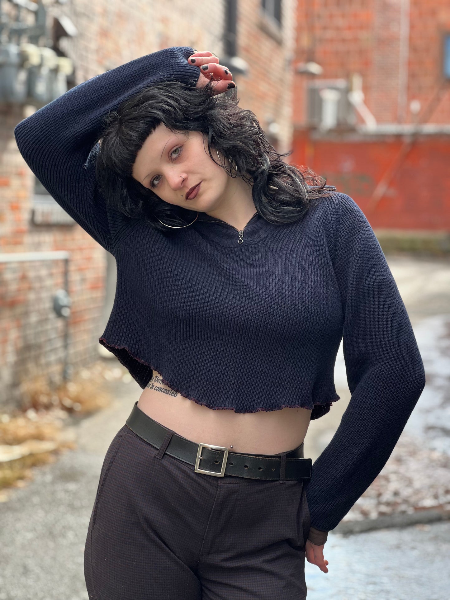 Dark Navy Zip Neck Crop Sweater