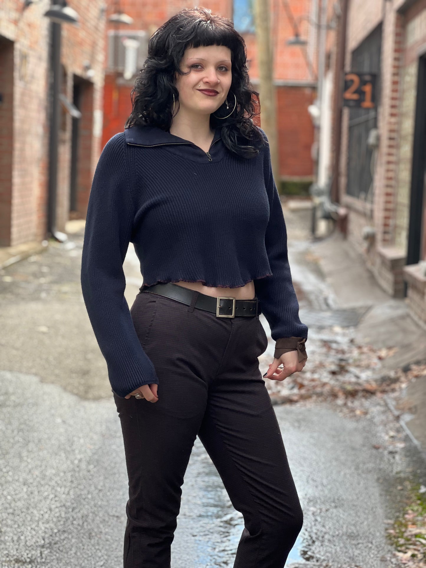 Dark Navy Zip Neck Crop Sweater