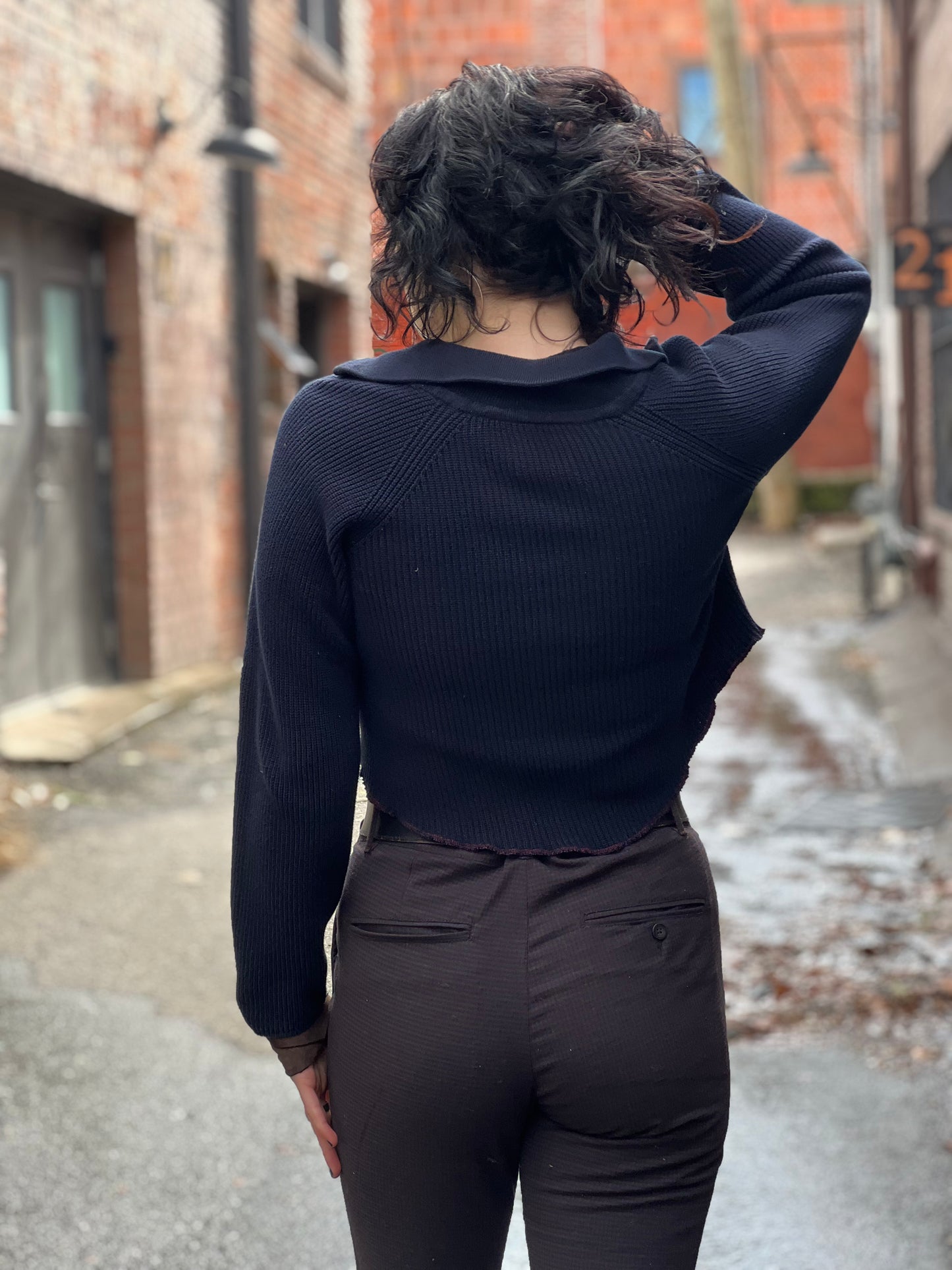 Dark Navy Zip Neck Crop Sweater