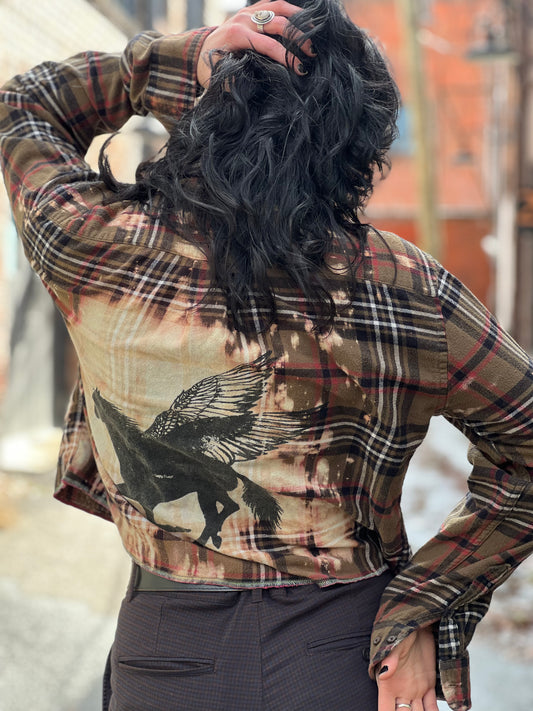 Slate Plaid Distressed Crop Flannel