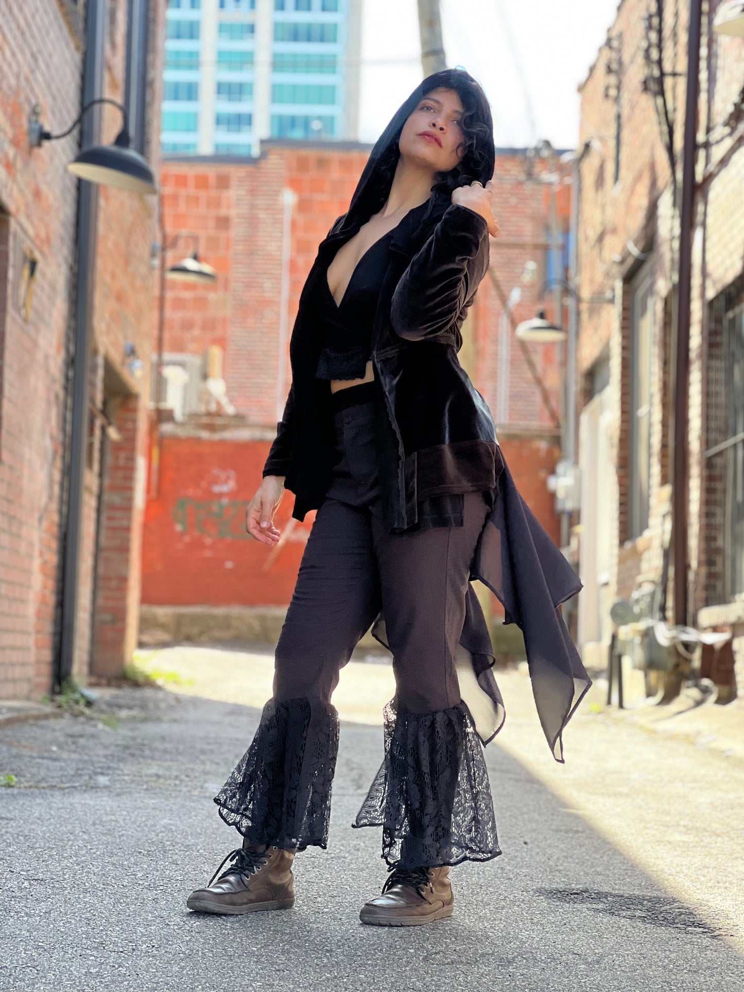 Hooded Velvet Black Layered Duster Coat