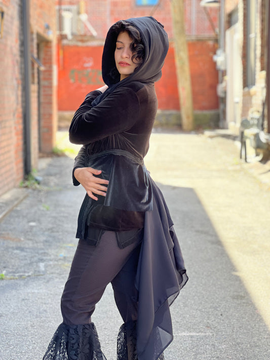 Hooded Velvet Black Layered Duster Coat