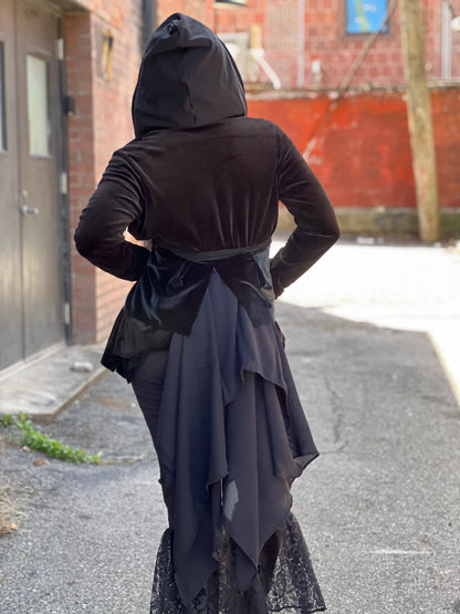 Hooded Velvet Black Layered Duster Coat
