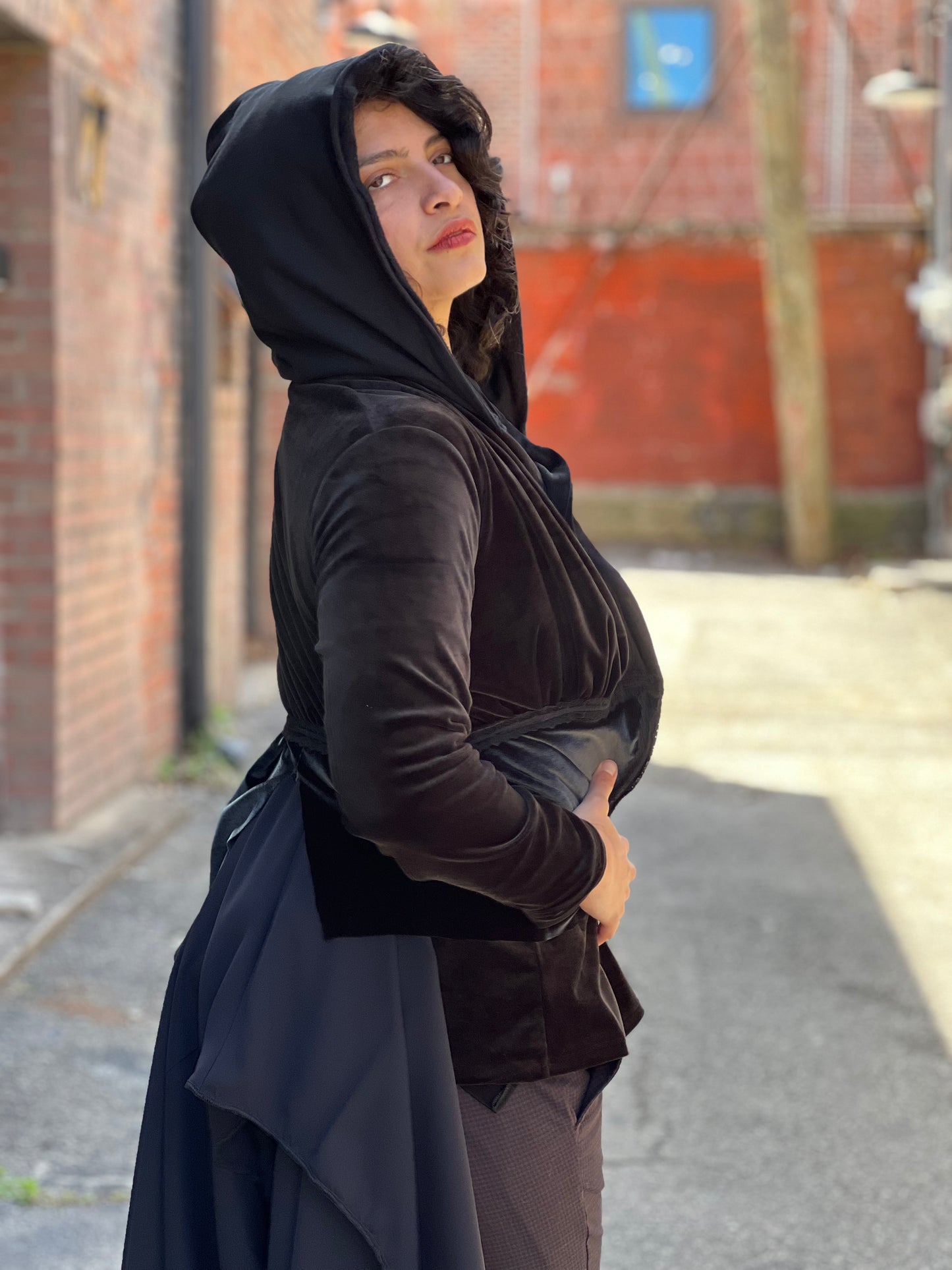 Hooded Velvet Black Layered Duster Coat