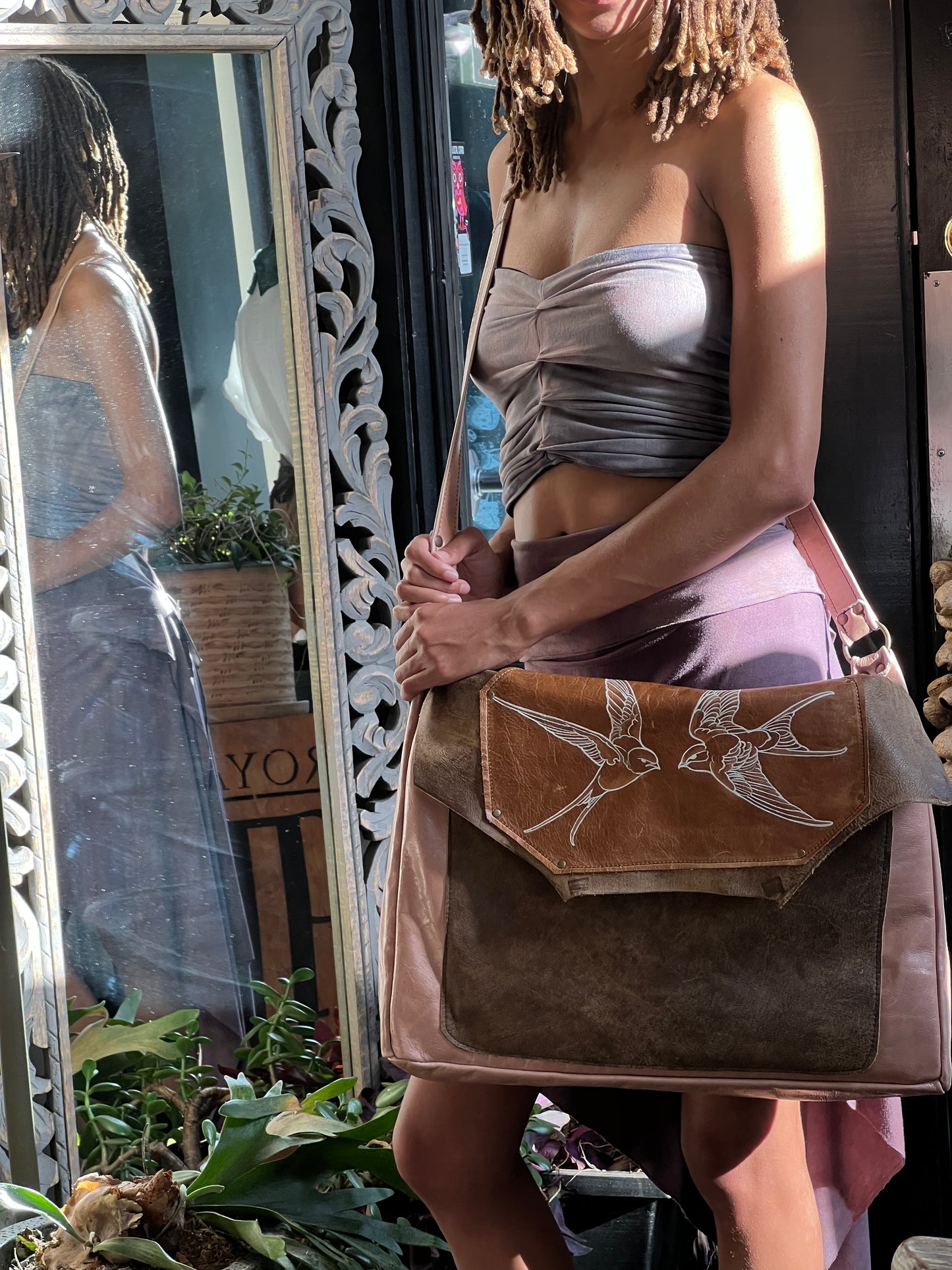Rustic Rose Leather Messenger Bag