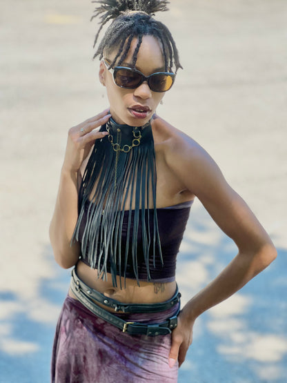 Black Leather Long Fringe Neckpiece