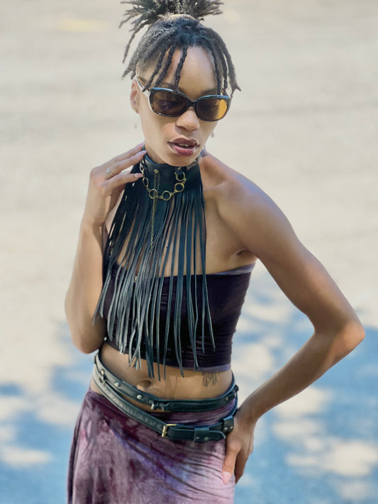 Black Leather Long Fringe Neckpiece
