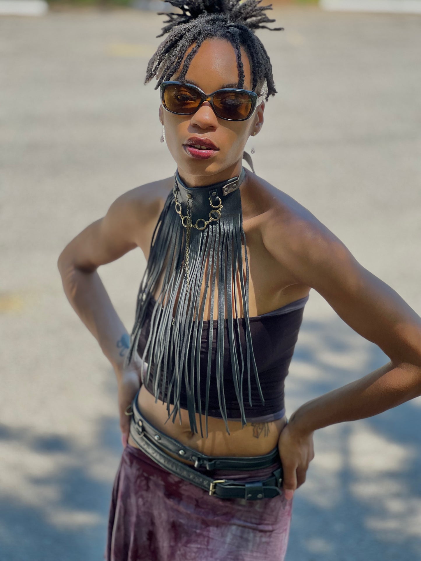 Black Leather Long Fringe Neckpiece