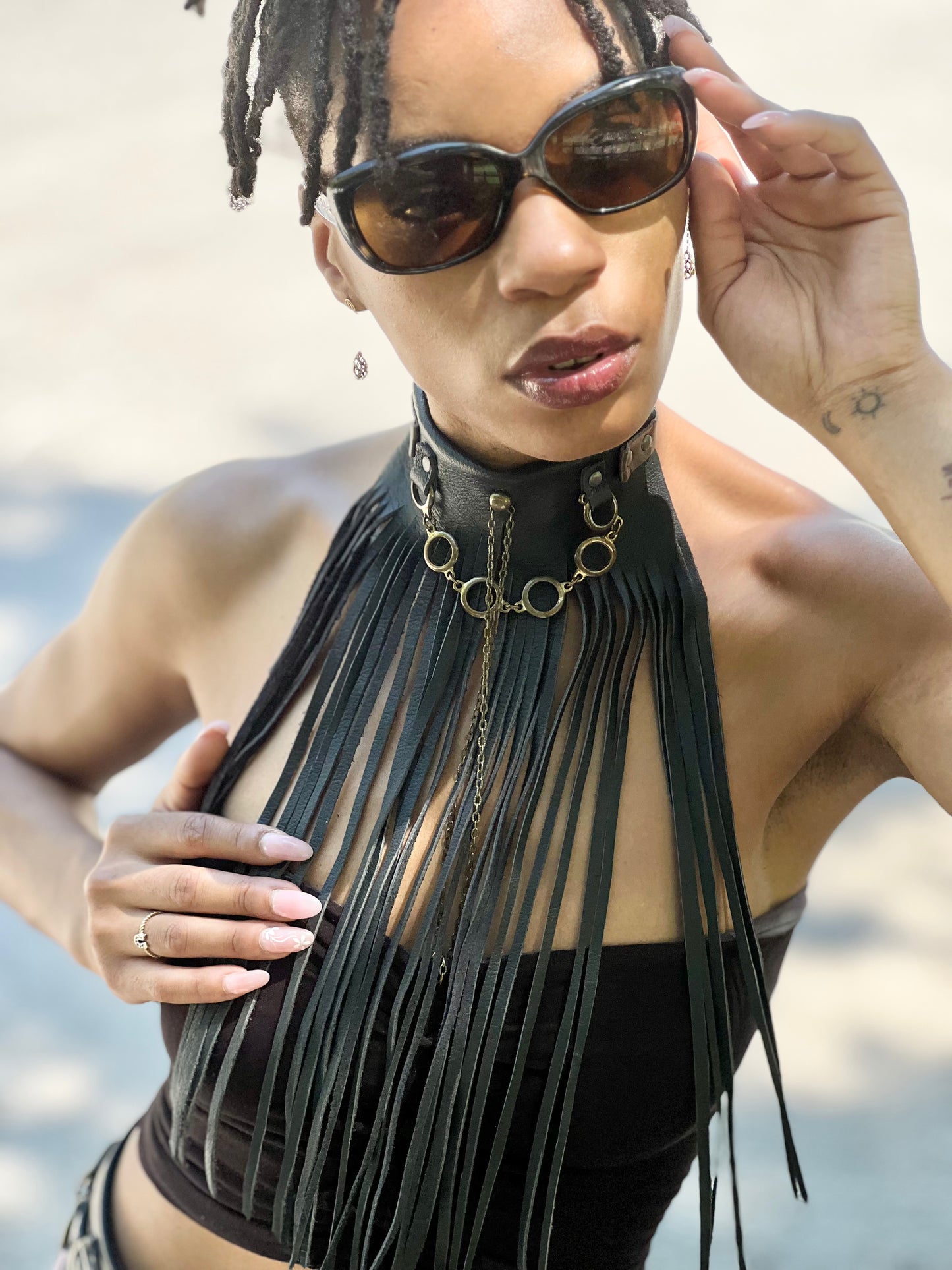 Black Leather Long Fringe Neckpiece