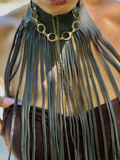 Black Leather Long Fringe Neckpiece
