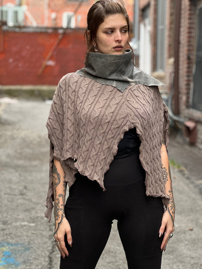 Grey Leather Cowl Neck Poncho