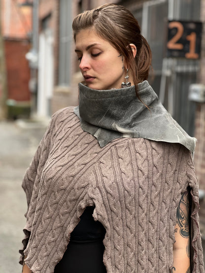 Grey Leather Cowl Neck Poncho