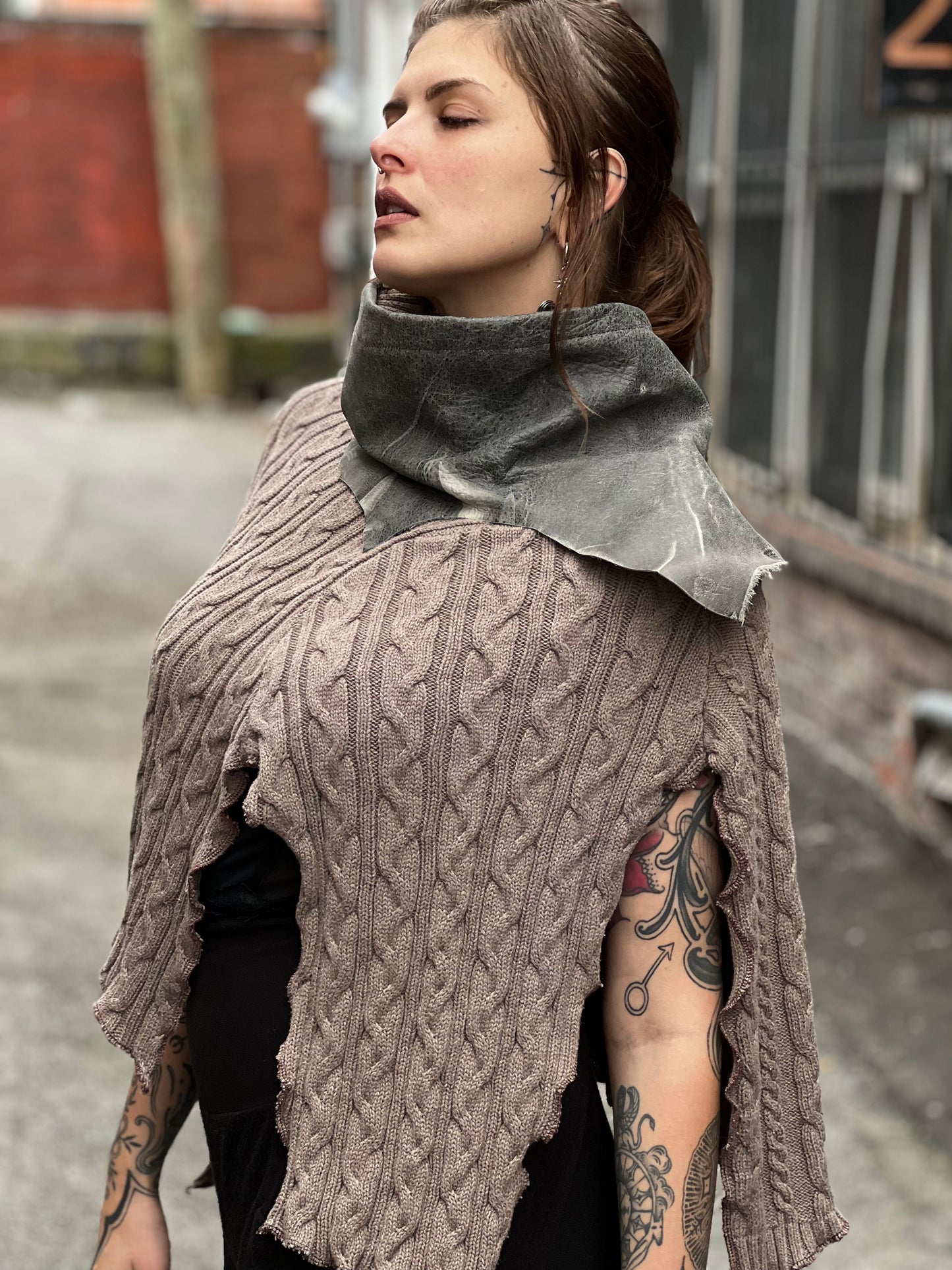 Grey Leather Cowl Neck Poncho